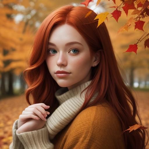 Red-Haired Girl in Autumn Leaves: Bokeh Photography