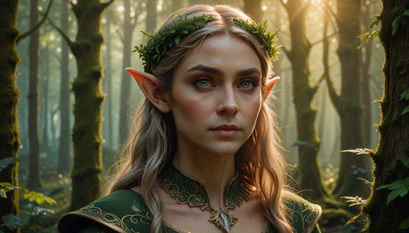Elf Woman Portrait in a Forest, Digital Painting