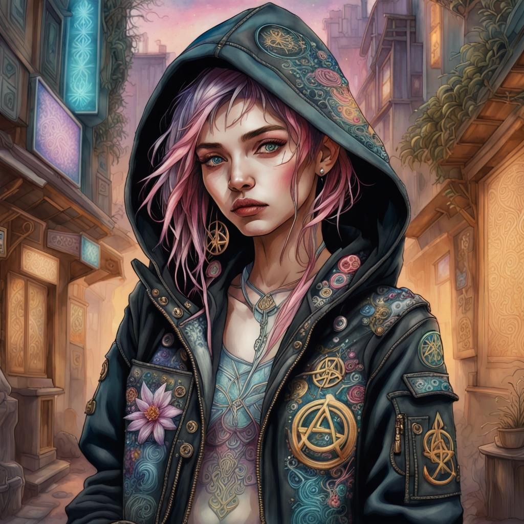 Cyberpunk Girl in an Embroidered Hooded Jacket