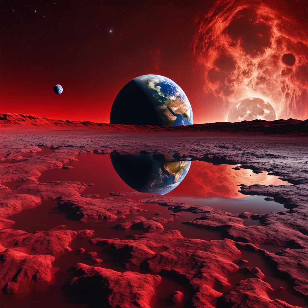 Earth Reflecting in Red Lunar Lake