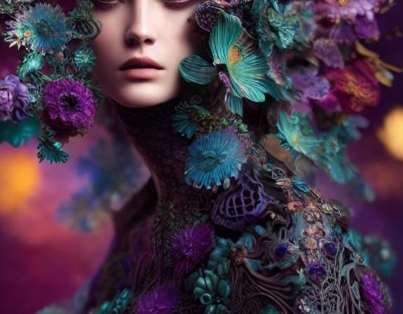 Surreal Floral Woman Portrait in Baroque Style