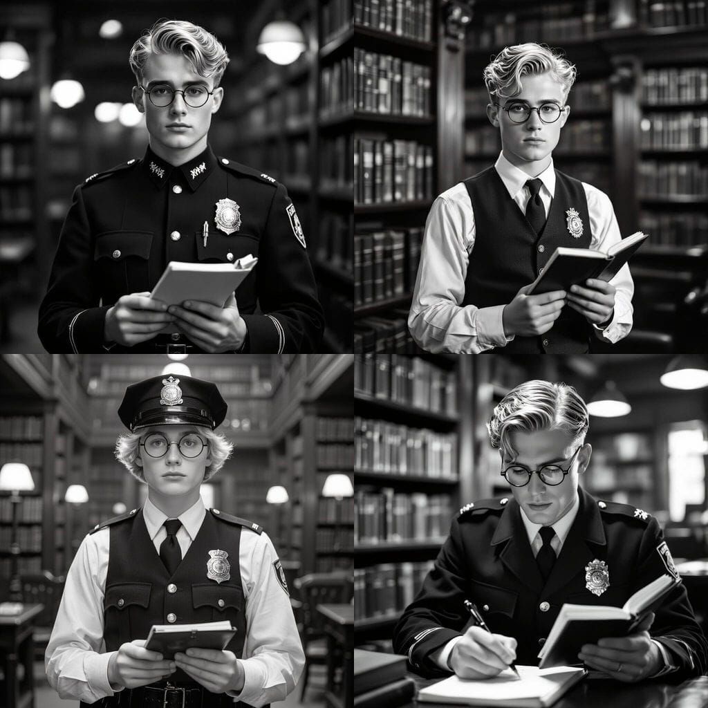 1920s Officer in Library: Black and White Photo
