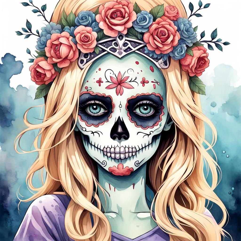 Cute Zombie Girl with Sugar Skull, Watercolor