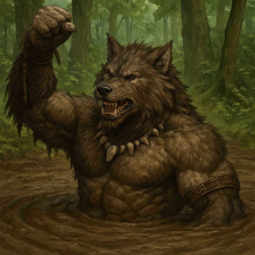 Muscular Werewolf Sinking in Forest Quicksand