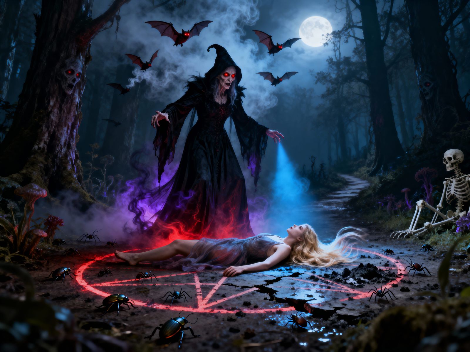 Evil Witch Defeats Young Witch in Dark Forest