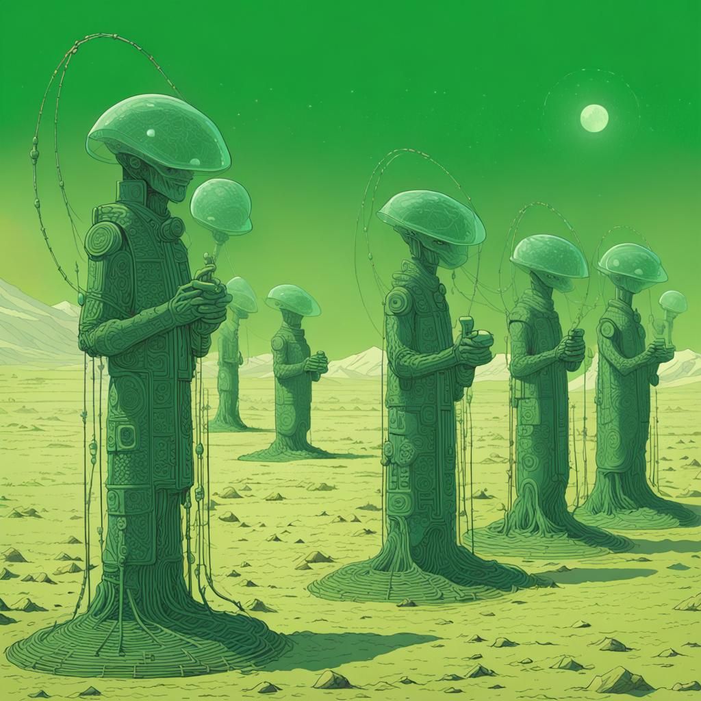 Alien Wire Statues in Ancient Desert Landscape