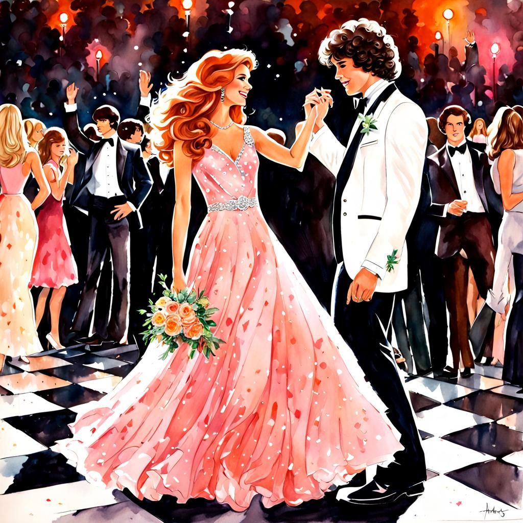 1970s Prom Scene as Watercolor Painting