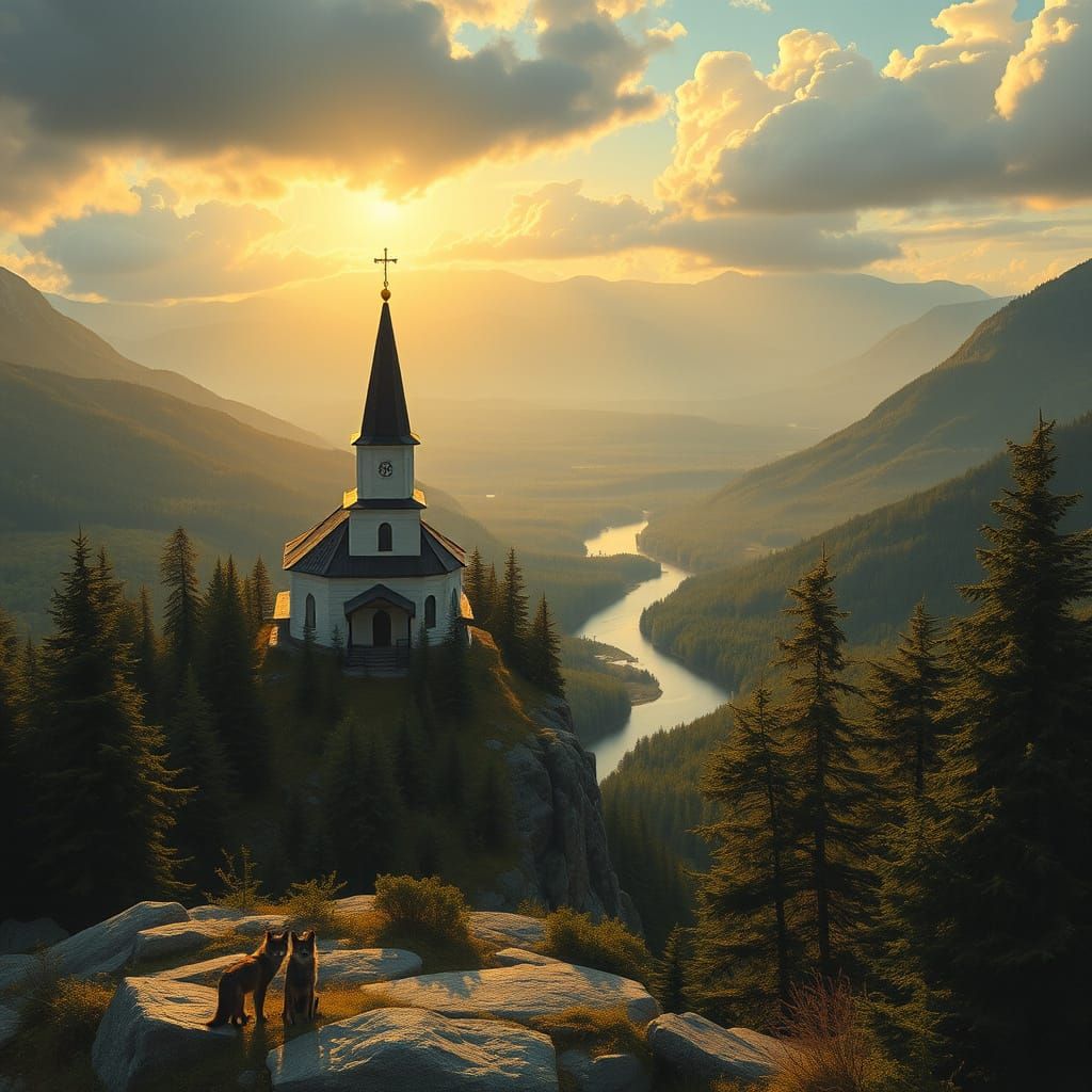 Orthodox Church Atop Mountain with Wolves, Romantic Style