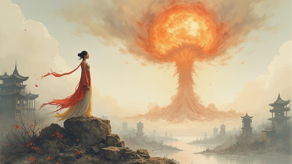 A Tragic Opera Singer in Ruin, in Chinese Watercolor Style