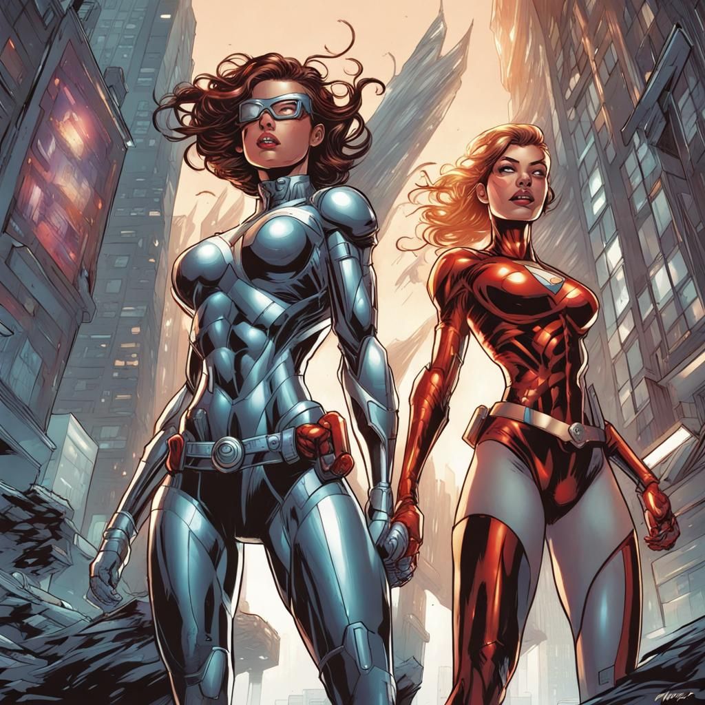 Cyborg Superhero Girls in Comic Book Art Style