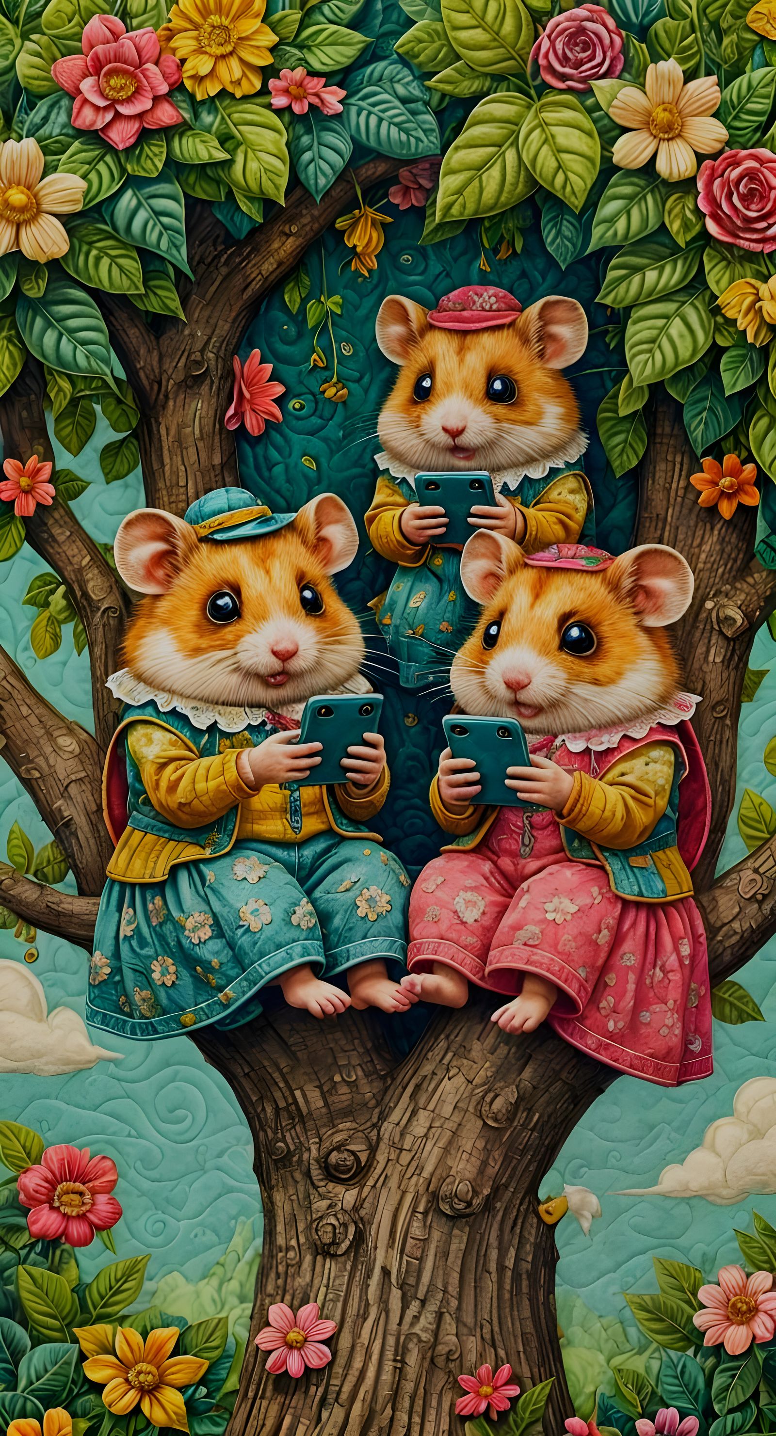 Cute Hamsters in Tree: 3D Quilted Illustration