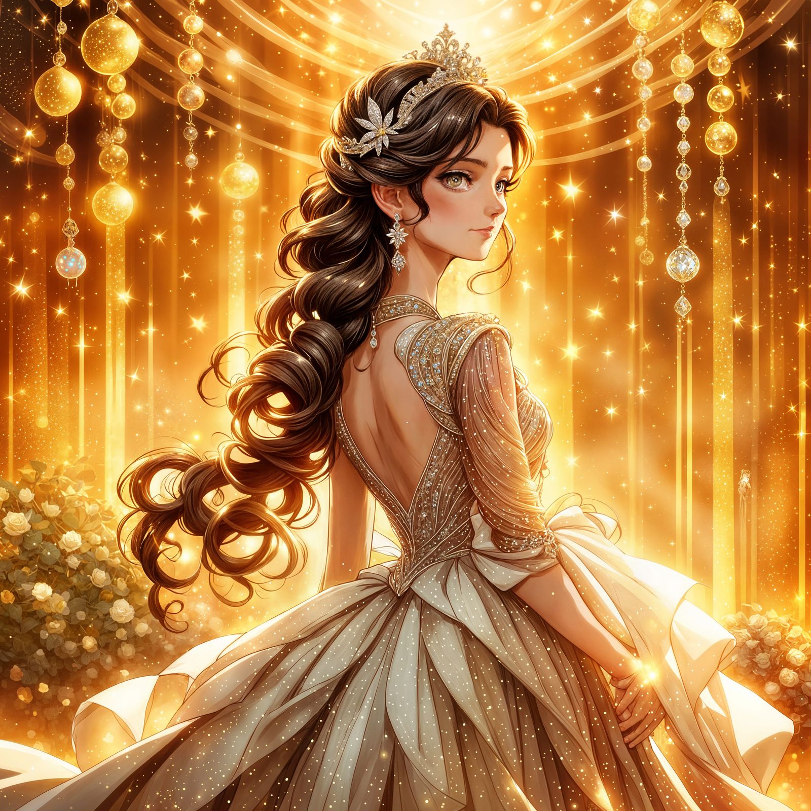 Woman in Diamond Jewelry and Golden Gown