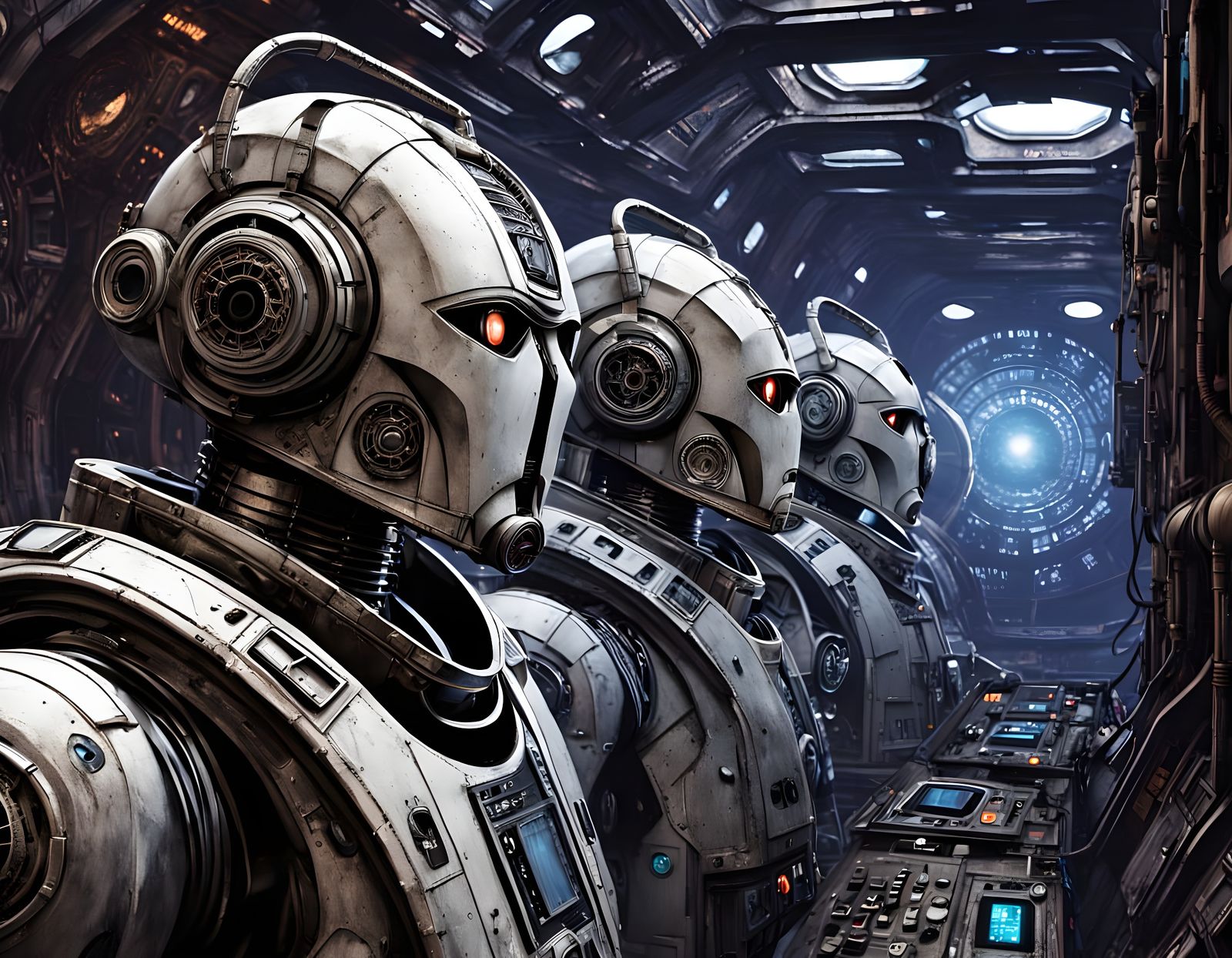 Cybermen Piloting a Clunky Spacecraft in a Dark, Metallic La...