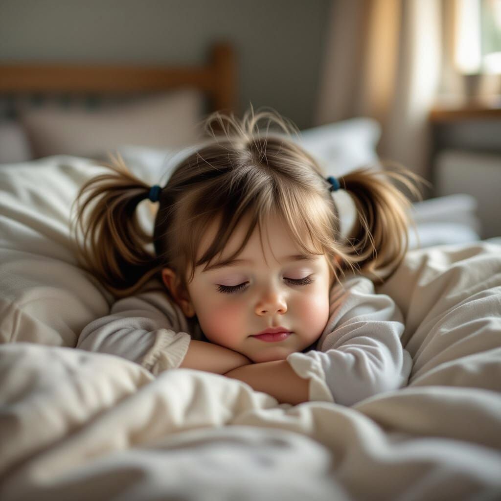 Photorealistic Image of a 3-Year-Old Girl Sleeping in a Mess...
