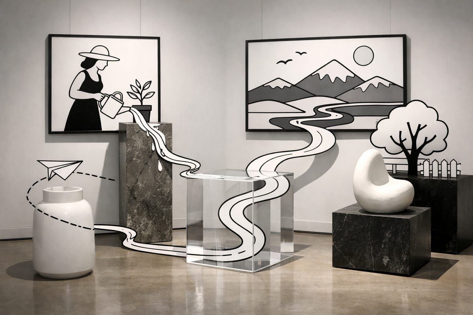 Flat Art Interacts With Sculpture In Gallery Installation