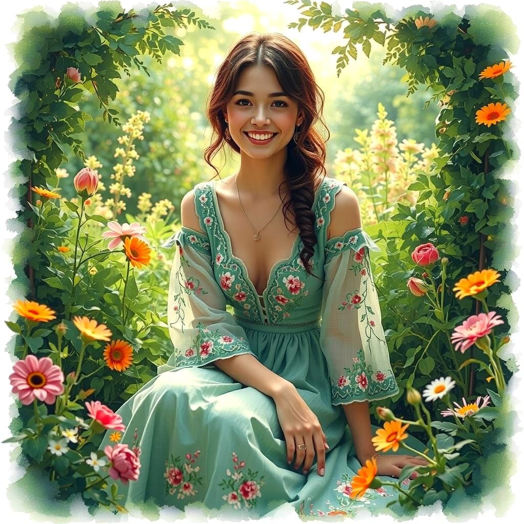 Serene Woman in Lush Garden: Alcohol Ink Art