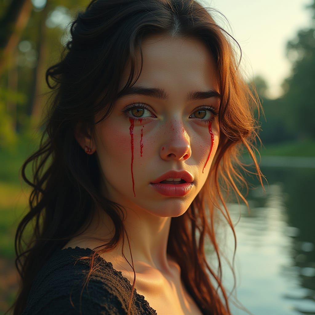 Ethereal Woman Weeps Blood in Serene Lake Park