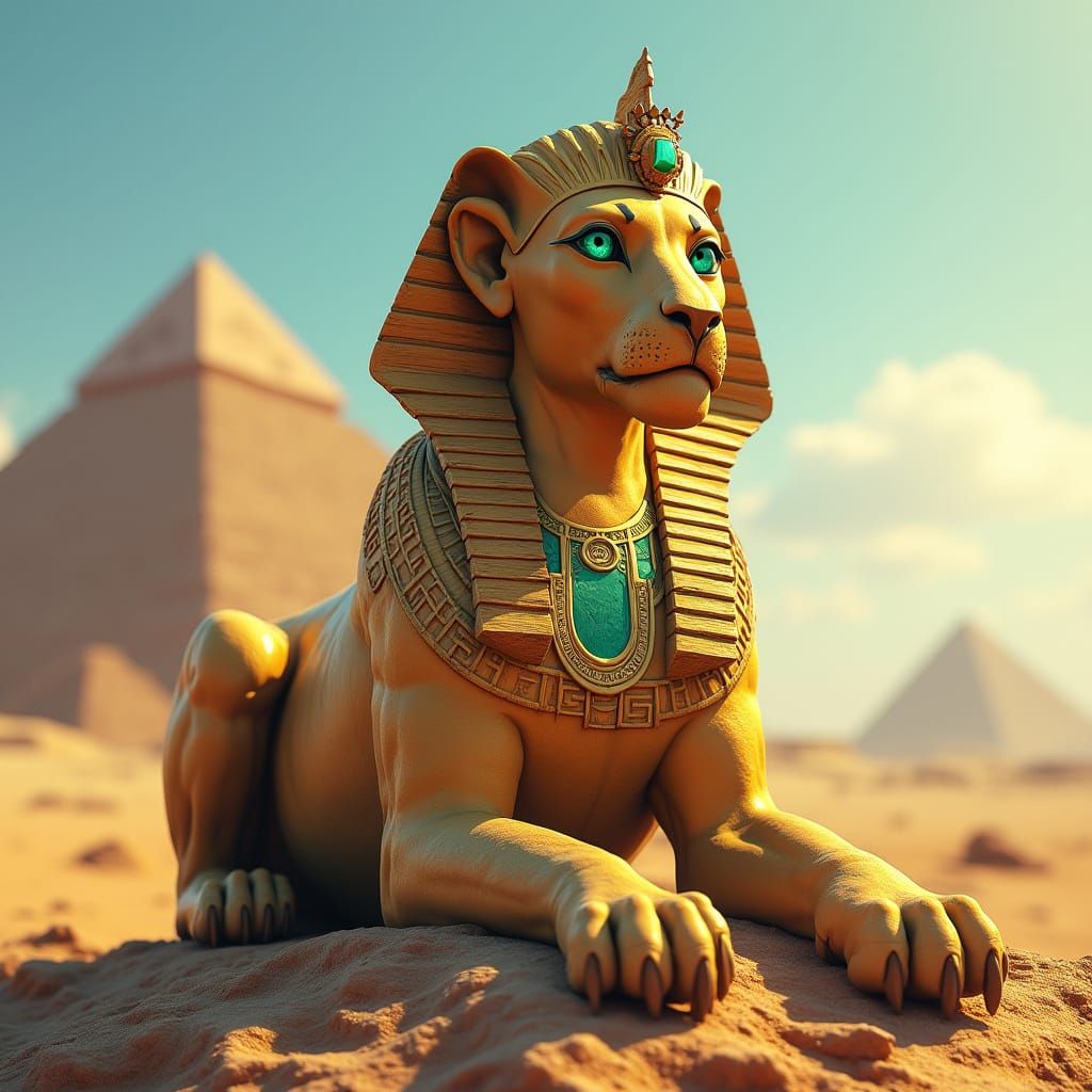 Golden Sphinx on Pyramid in Sahara Desert