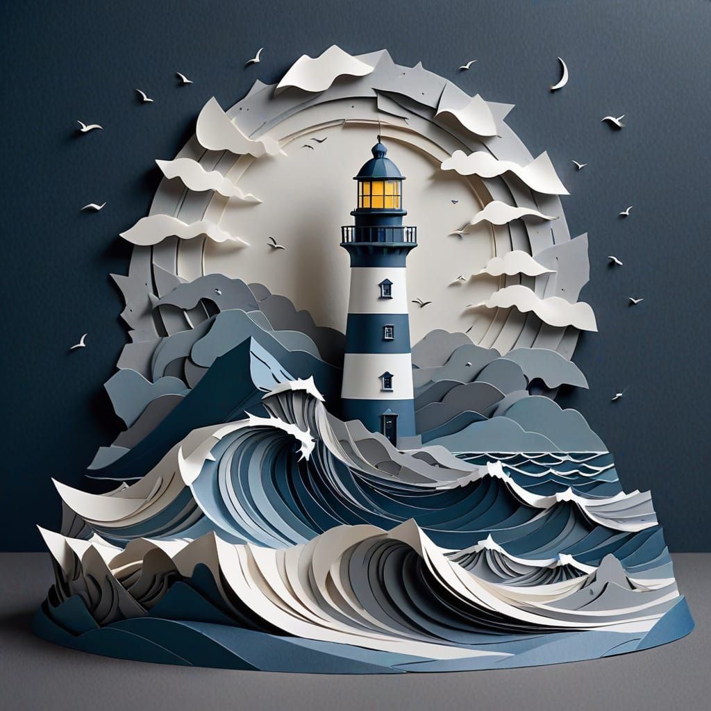 Paper Art Lighthouse in Stormy Seas