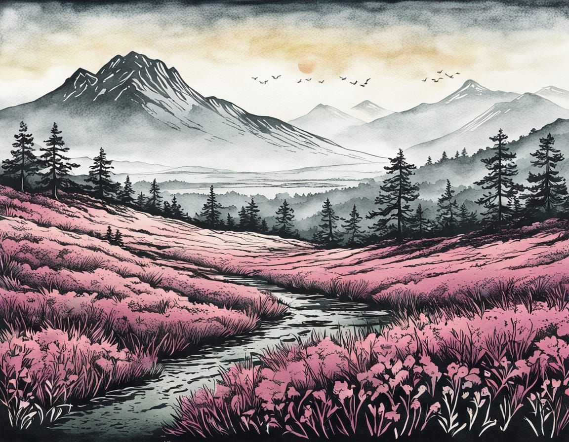 Heather Blooms Amidst Morning Mist in Dreamy Linocut Style