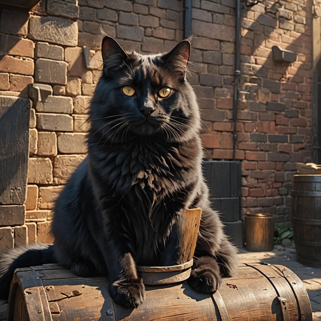 Fluffy Black Cat in Sunny Alley: Digital Matte Painting