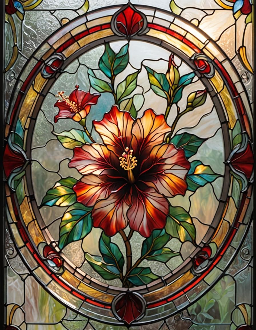 Hibiscus Flower in Art Nouveau Stained Glass