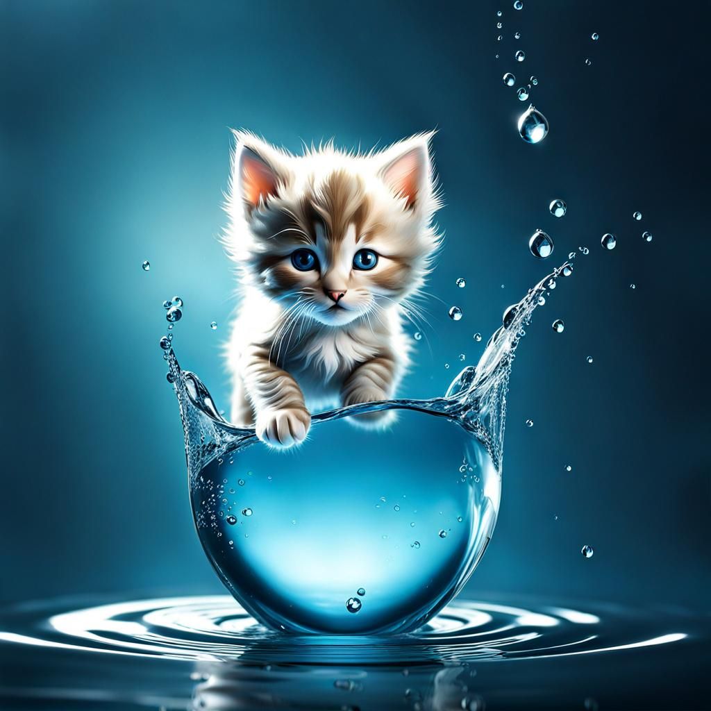 Whimsical Water Kitten Leaping from Splash