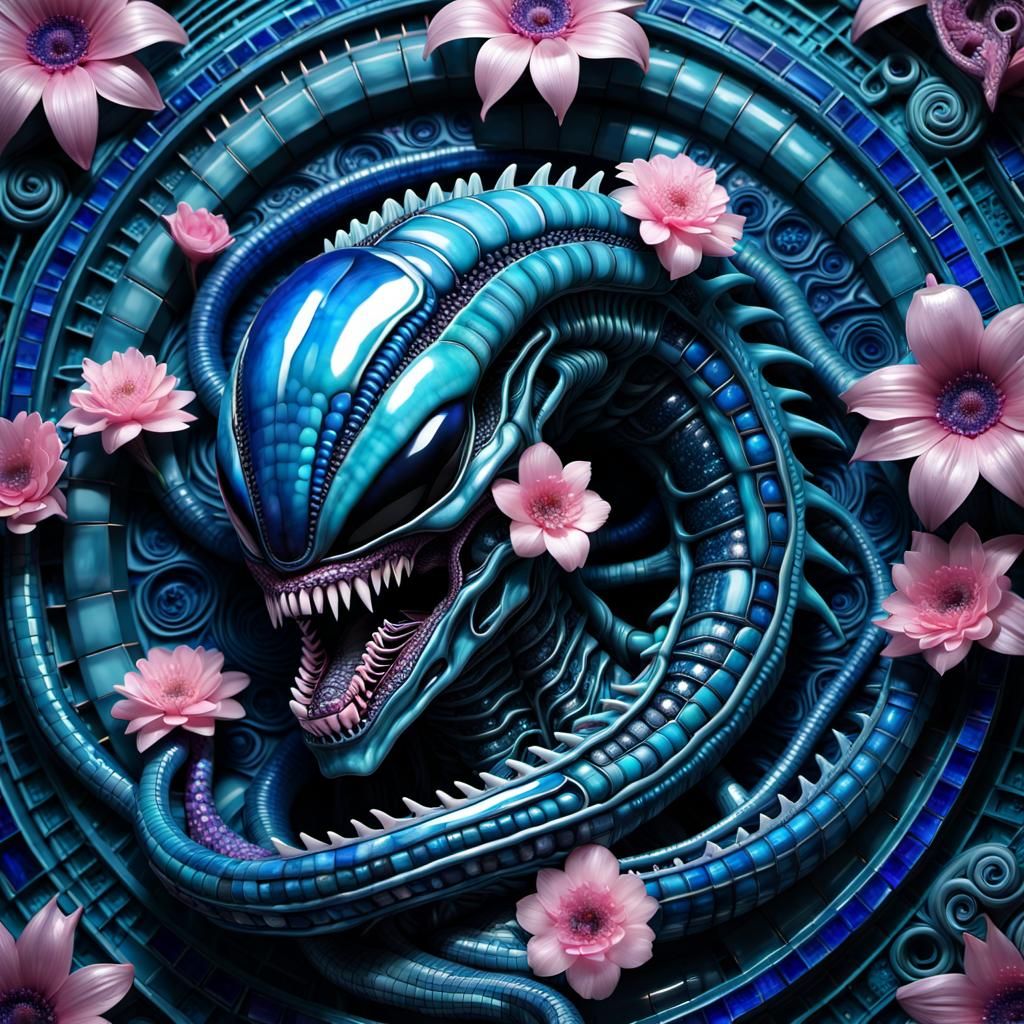 Xenomorph in Mosaic Style with Spiraling Glass Tiles
