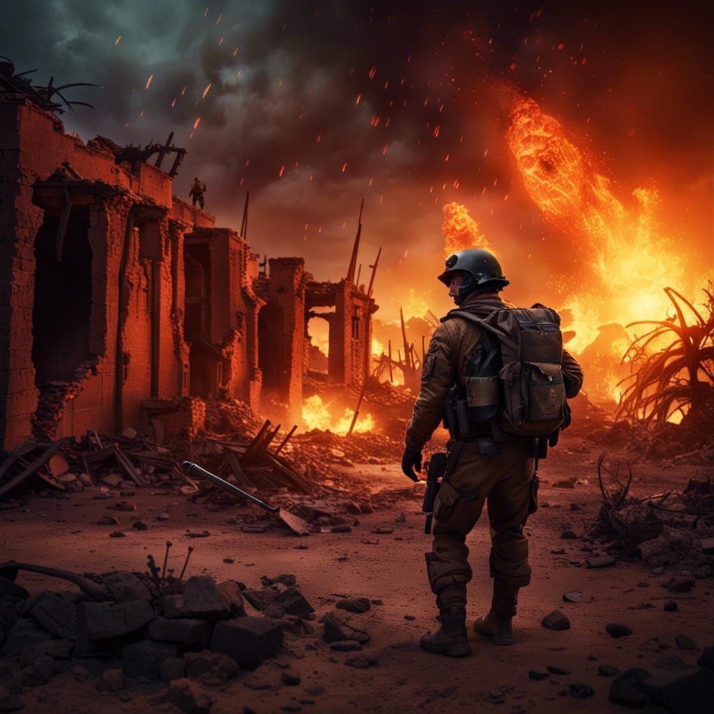 Soldier Amid Fiery Ruins: Detailed Matte Painting