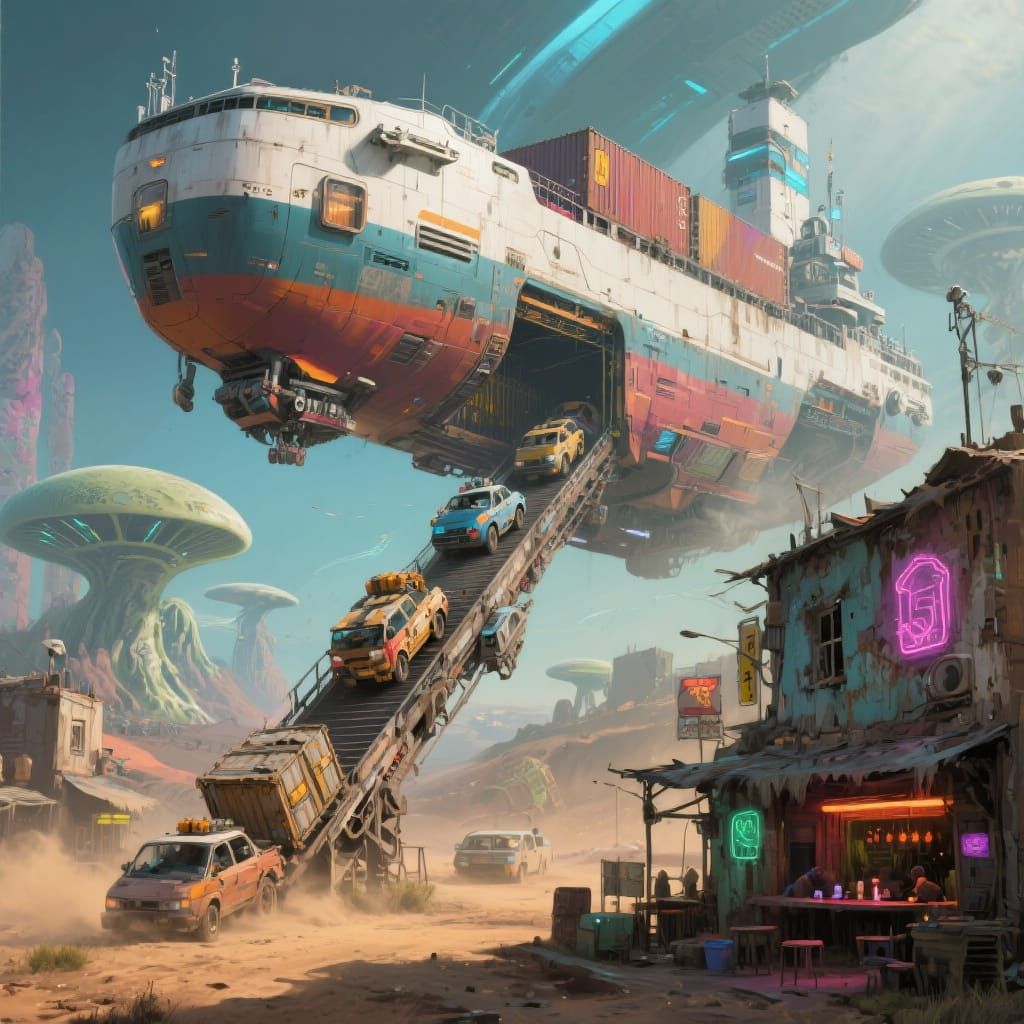 Colossal Cargo Ship Over Alien Town, Fantasy Art Style