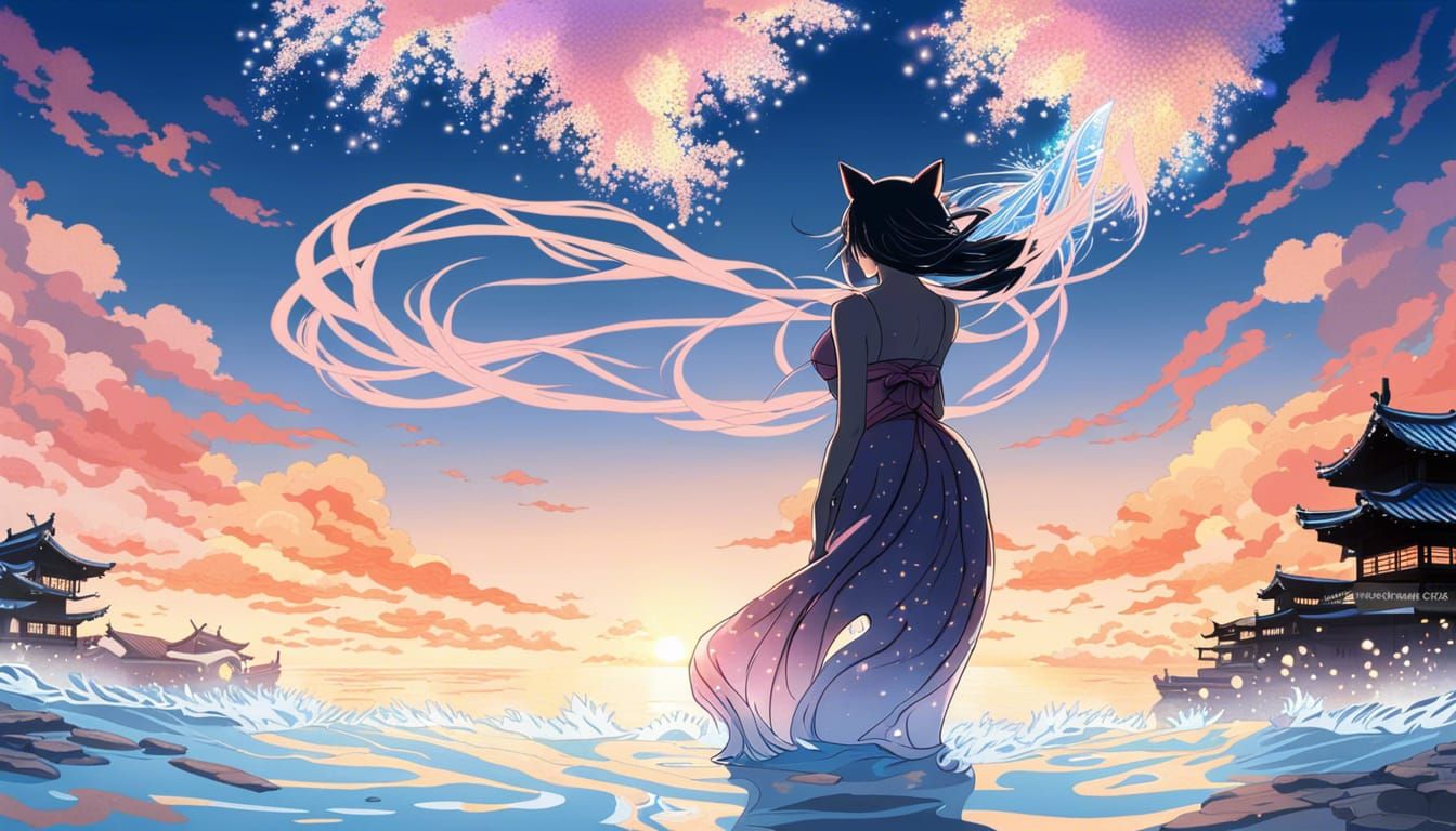 Cat Girl Dancing at Sunrise in Ukiyo-e Style