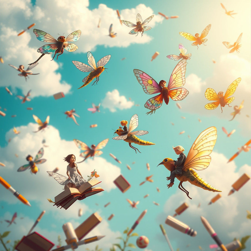 Whimsical Flying Creatures Soaring Through a Mystical Librar...