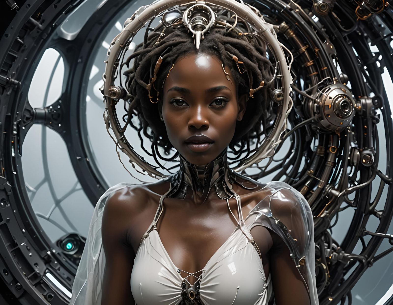 Graceful Woman Emerges from Biomechanical Cocoon