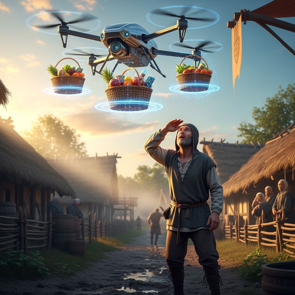 Medieval Peasant's Awe at Futuristic Drone, Magical Realism