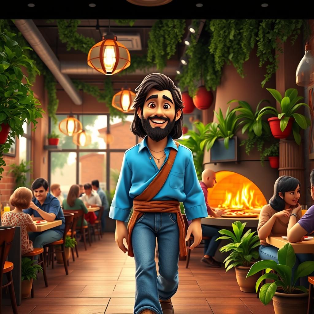Jesus Enters Pizzeria: 3D Cartoon Rendering