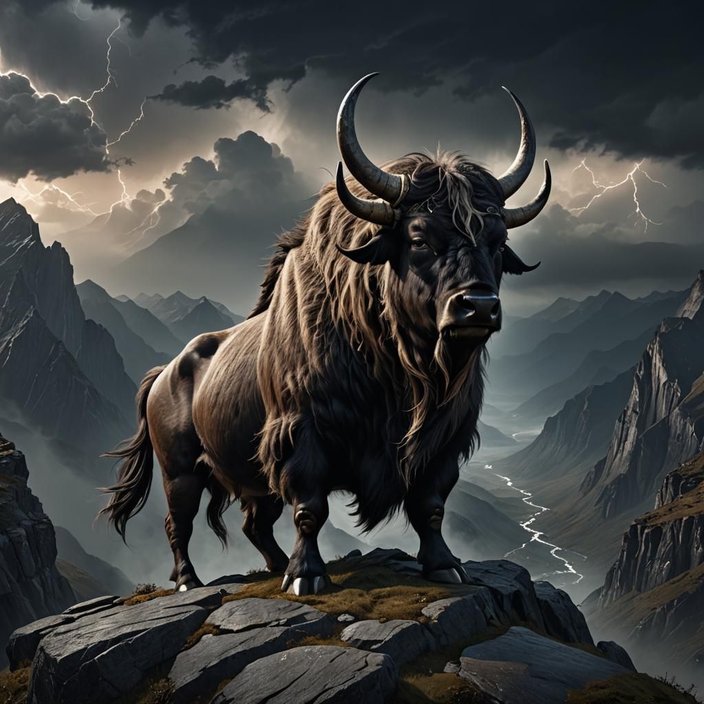 Dinosaur-Yak Hybrid Creature Stands on Cliff Edge