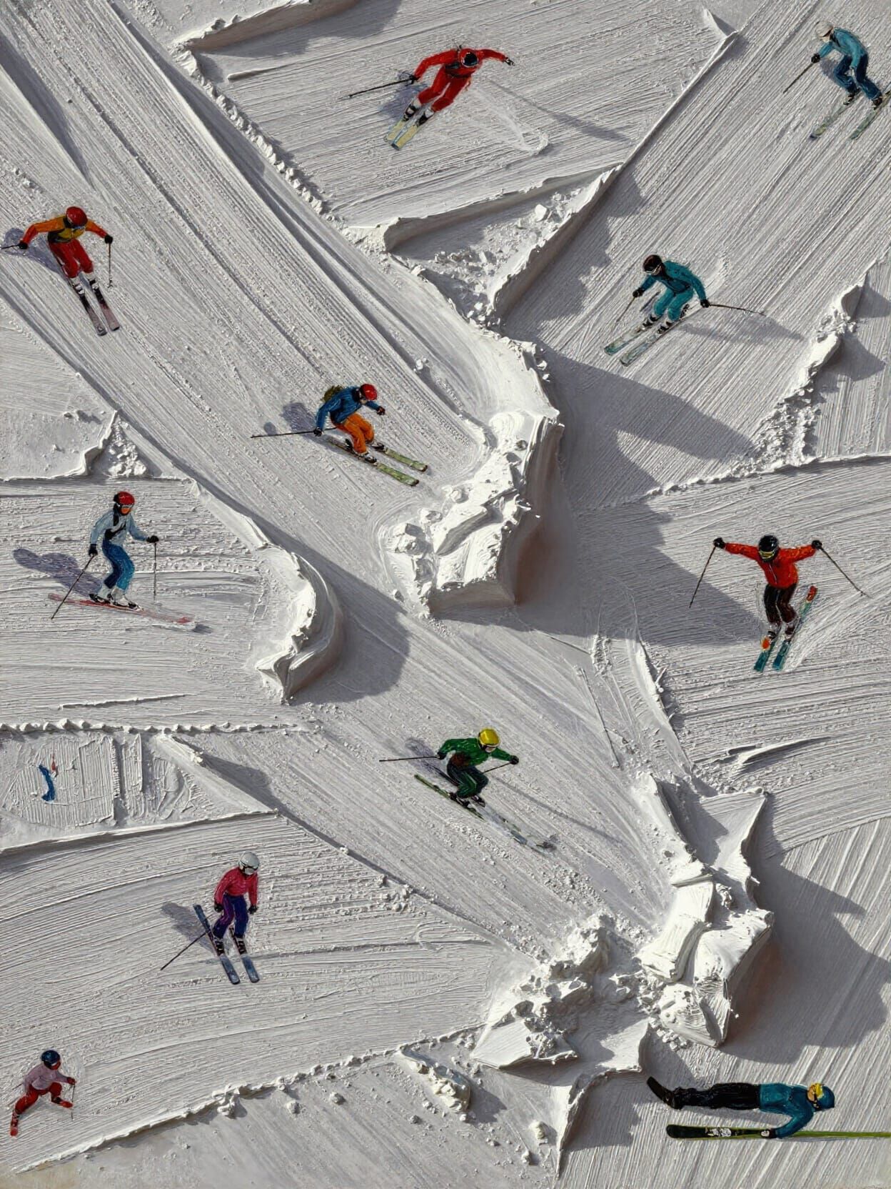 Top-Down Skiing Painting with Heavy Impasto Texture