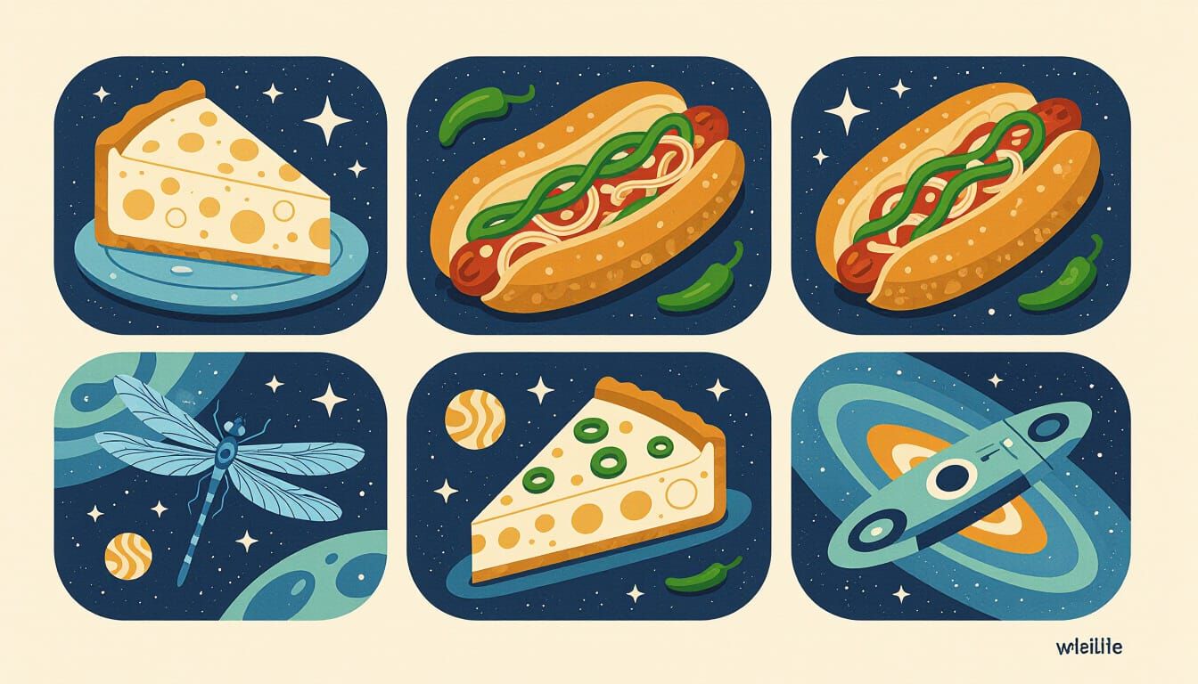 Surreal Collage of Food, Insects, and Spacecraft