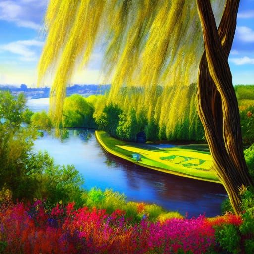 Hyperrealistic Weeping Willow by a Pond
