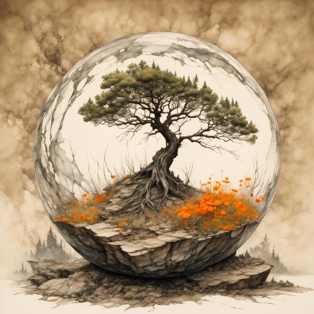 Pinion Pine in Glass Globe, Detailed Illustration