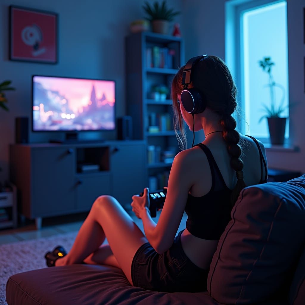 Asian Gamer Girl Playing PlayStation 5