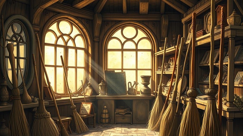 Enchanted Brooms in an Antique Shop