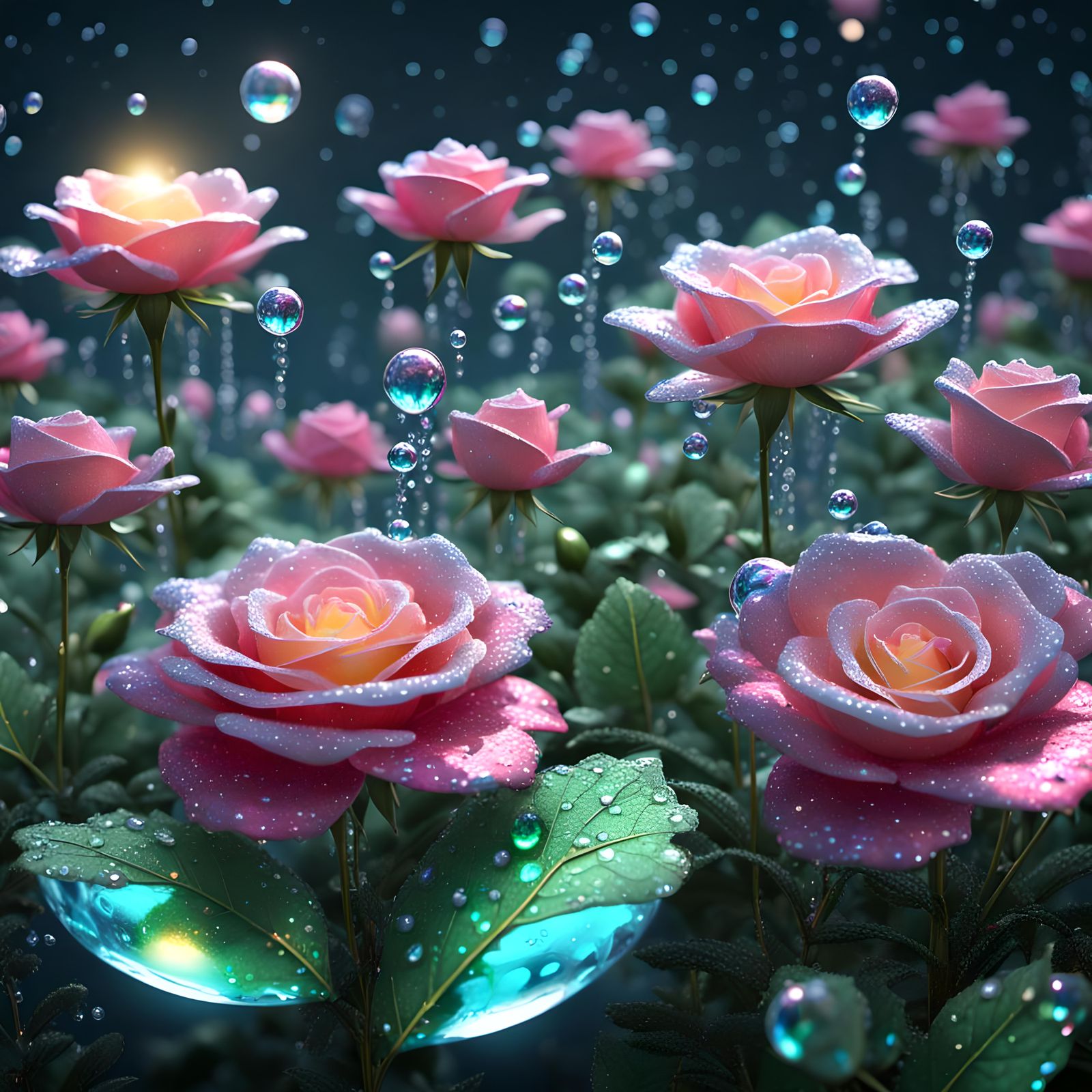 florescent light behind iridescence   dew drops on reflective crystal layer over rose and leafs with dew look that has a...