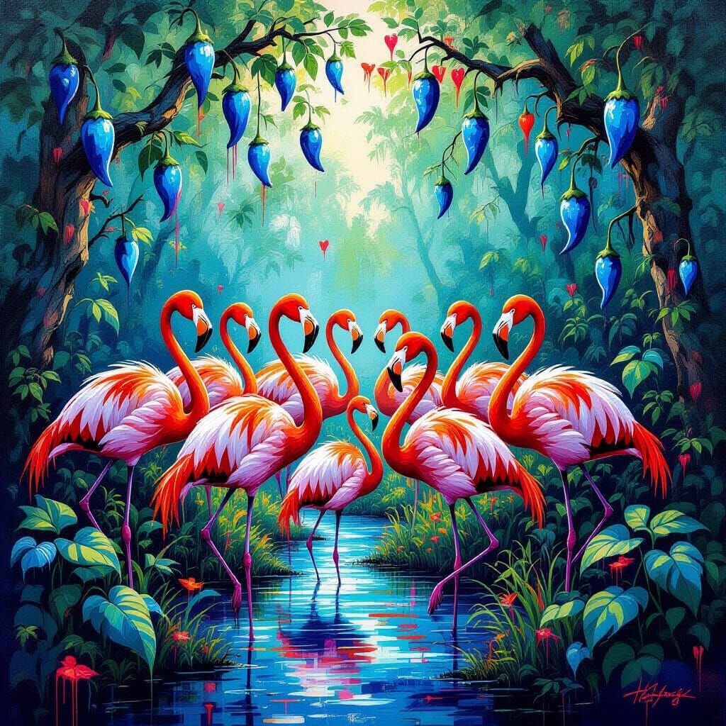 Flamingos in Enchanted Hot Chili Forest as Graffiti Art