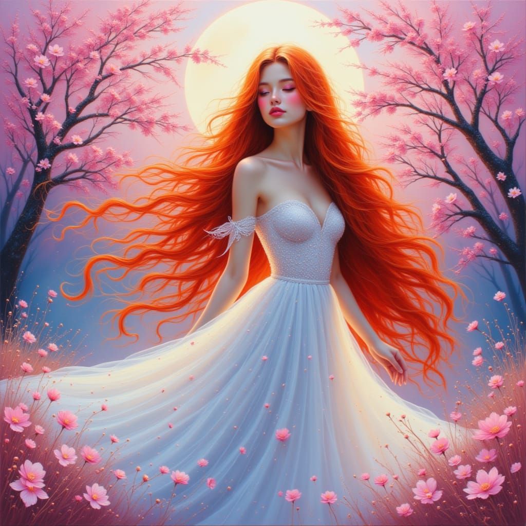 Ethereal Woman in Cherry Blossoms Under Moonlight