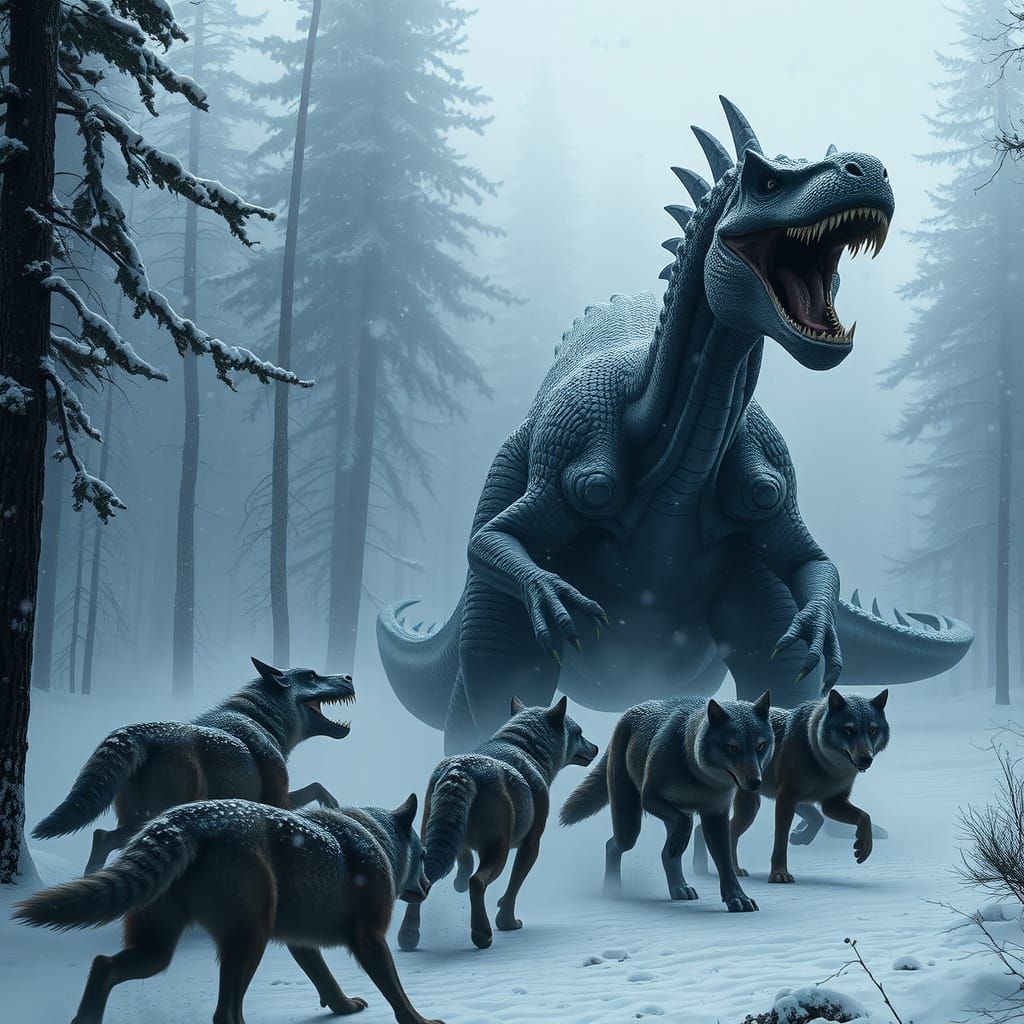 Enraged Spinosaurus Defends Against Wolves in Winter Forest
