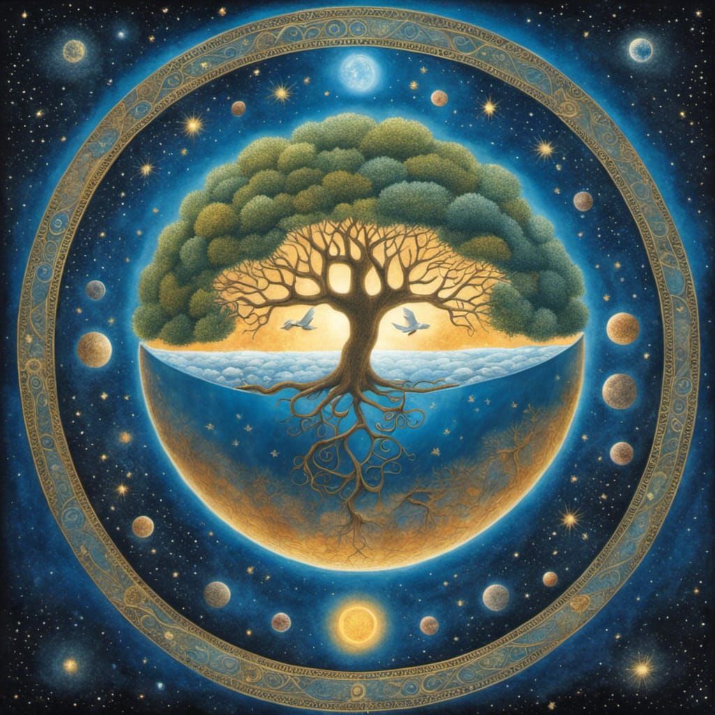 Tree of Life Inside Earth in Starry Cosmos