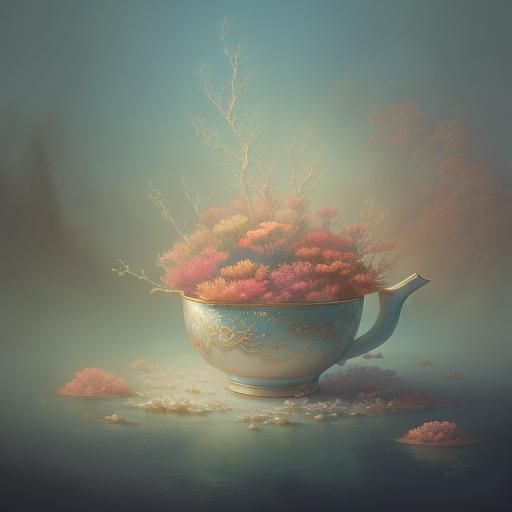 Ethereal Corals in Teacup: Fantasy Oil Painting