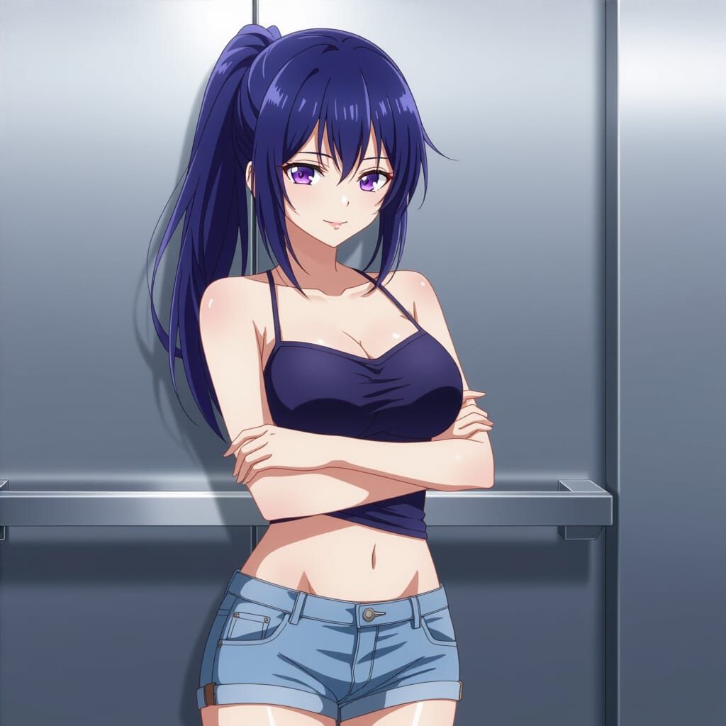 Anime Girl with Blue Hair in Elevator