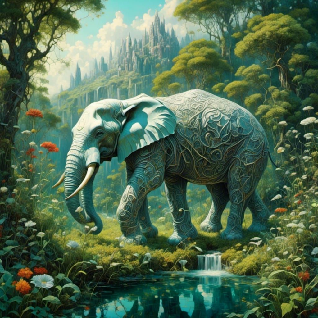 Surreal Elephant in Jungle: Impasto Landscape